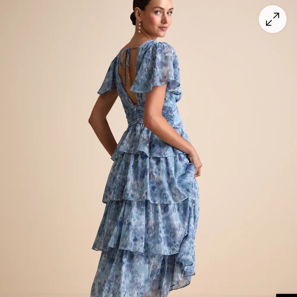Lulu's Blue Tiered Ruffle V-Neck Maxi Dress - Picture 2 of 3